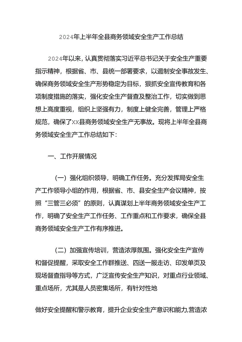 2024年上半年全县商务领域安全生产工作总结.docx_第1页