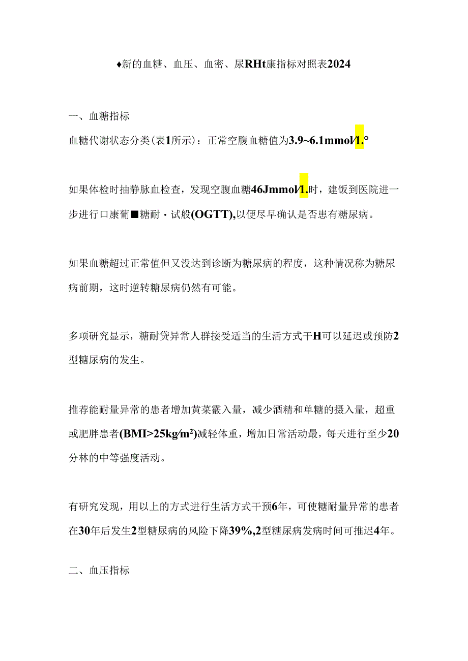 最新的血糖、血压、血脂、尿酸健康指标对照表2024.docx_第1页