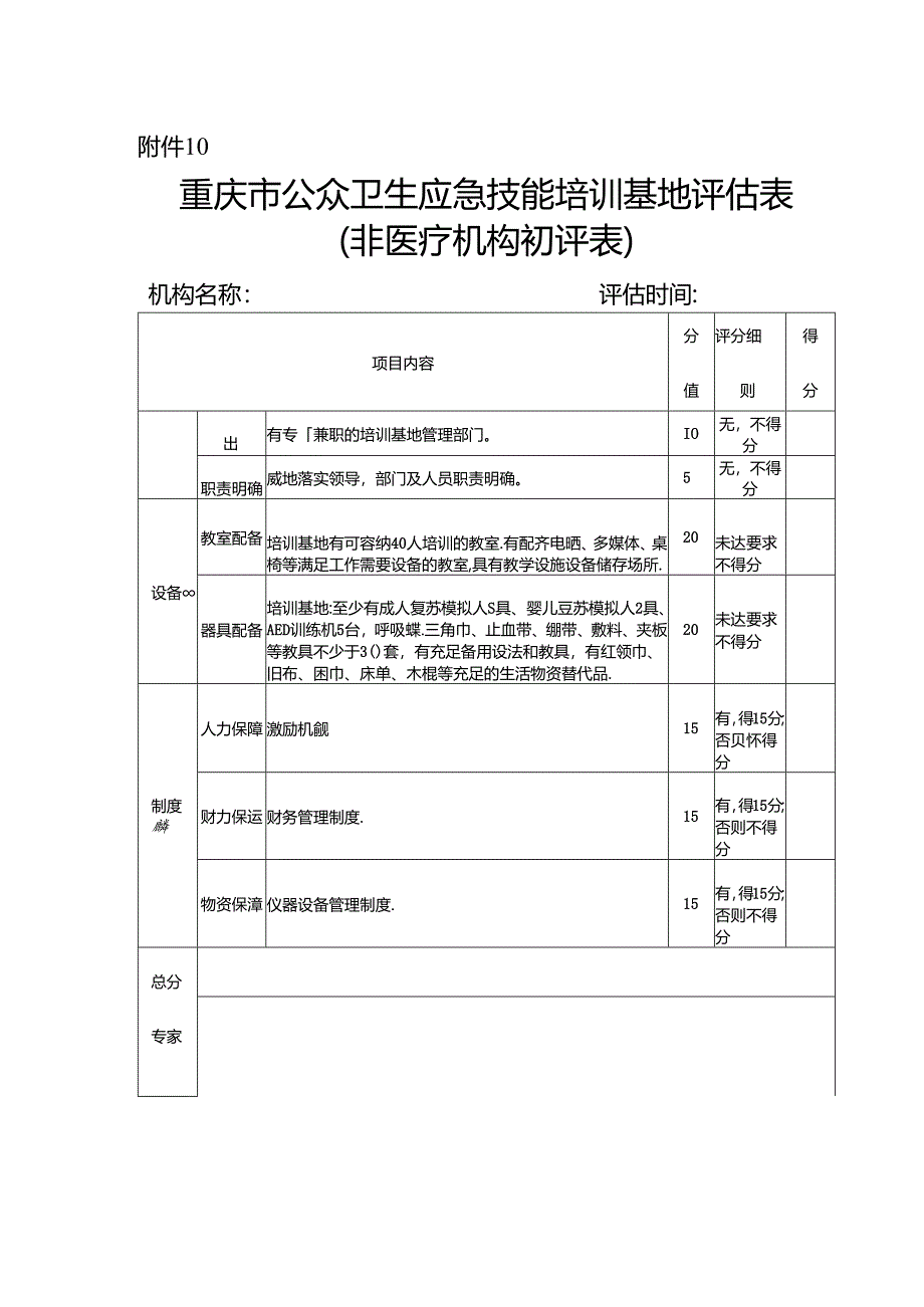 重庆市公众卫生应急技能培训基地评估表（非医疗机构初评表）.docx_第1页