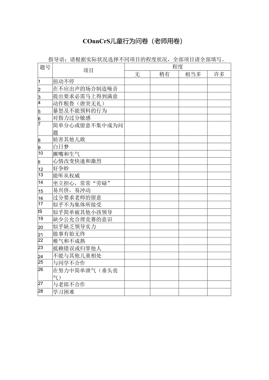 Conners儿童行为问卷(教师用卷).docx_第1页