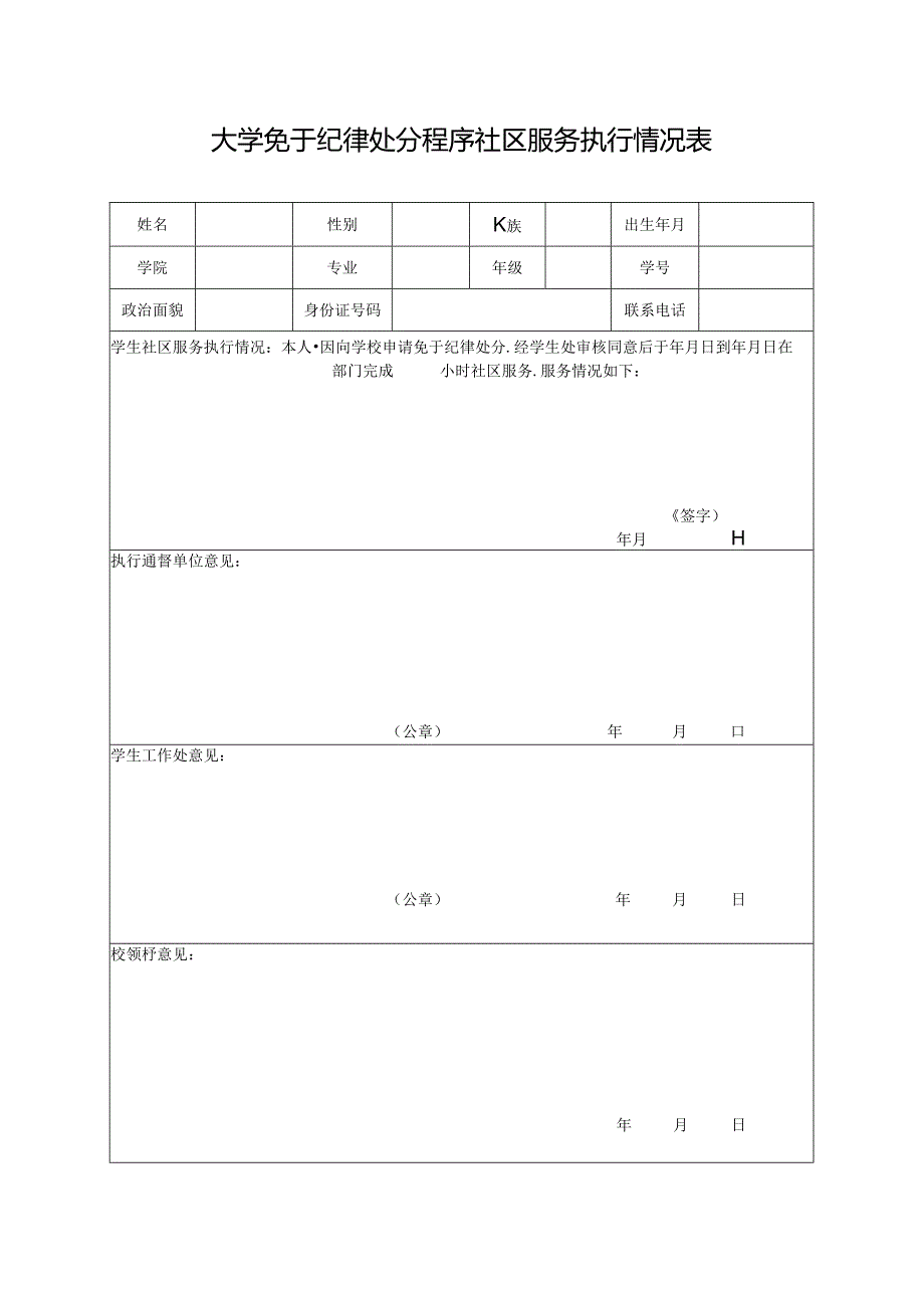 大学免于纪律处分程序社区服务执行情况表.docx_第1页