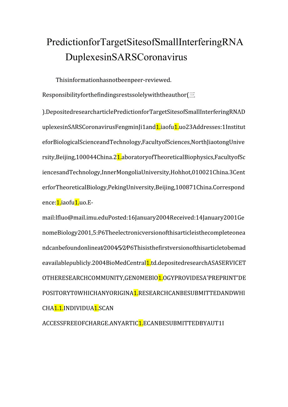 Prediction for Target Sites of Small Interfering RNA Duplexes in SARS Coronavirus.docx_第1页