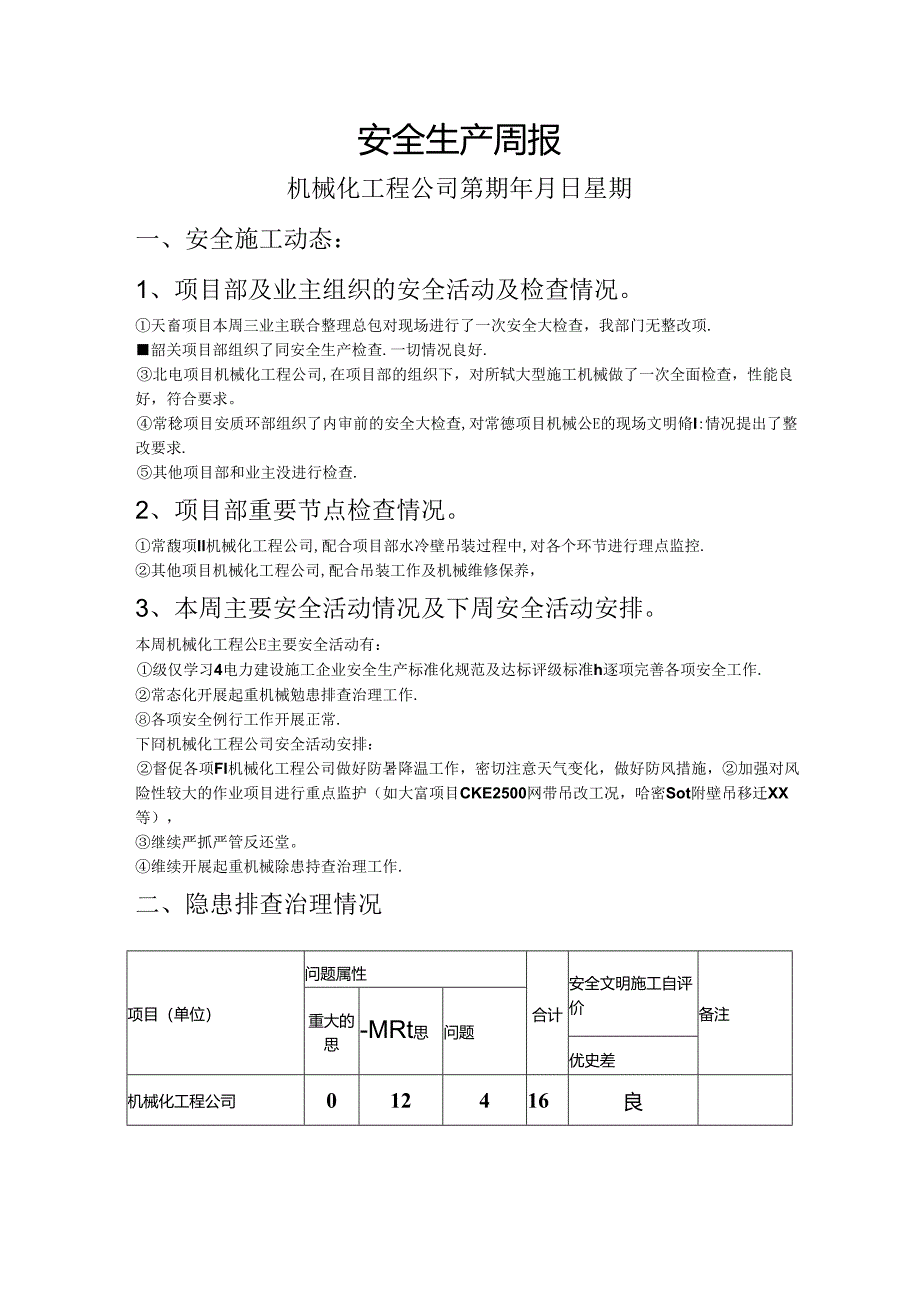 火电及风电建设项目机械工程公司安全生产周报（模板）.docx_第1页