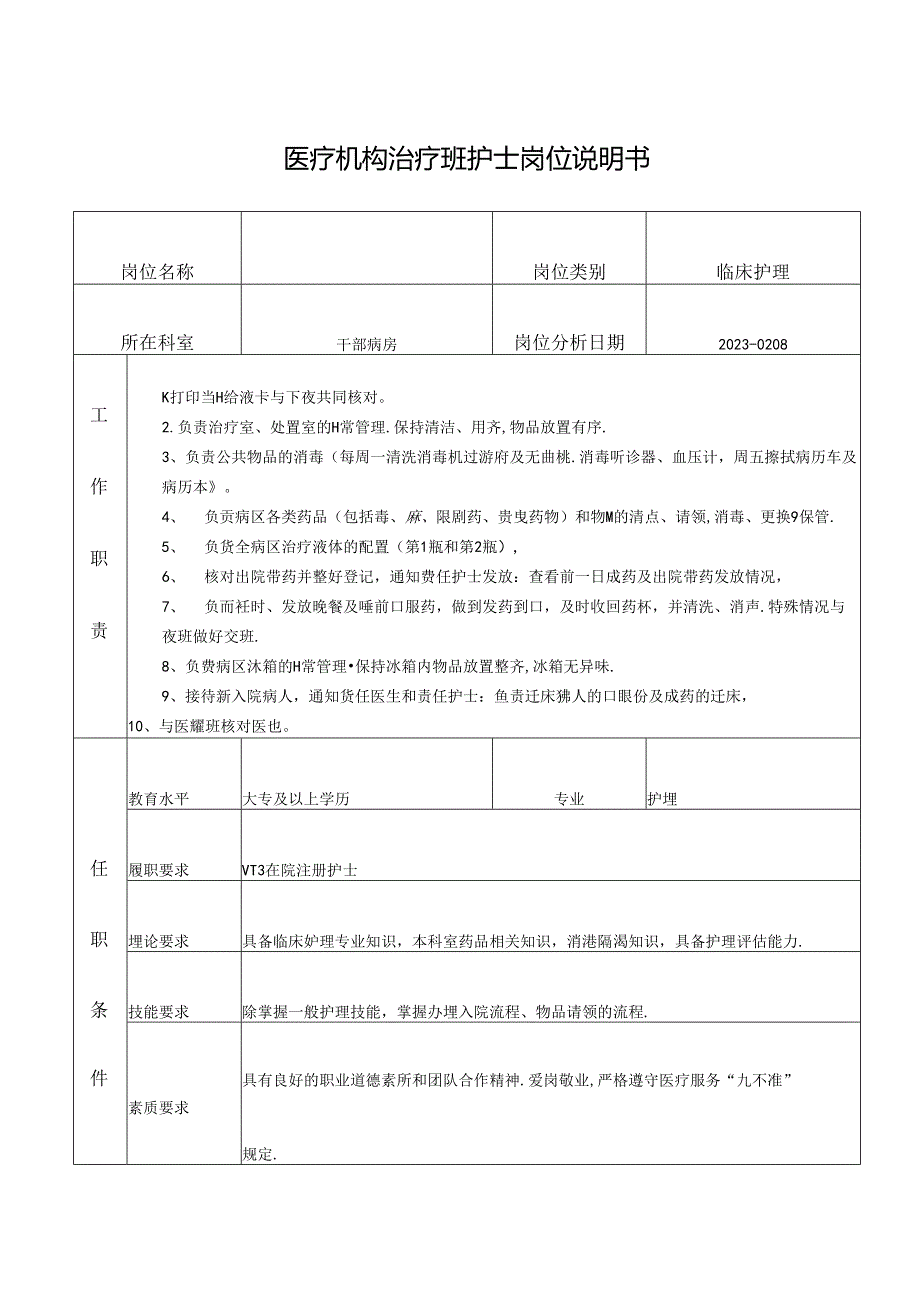 医疗机构治疗班护士岗位说明书.docx_第1页