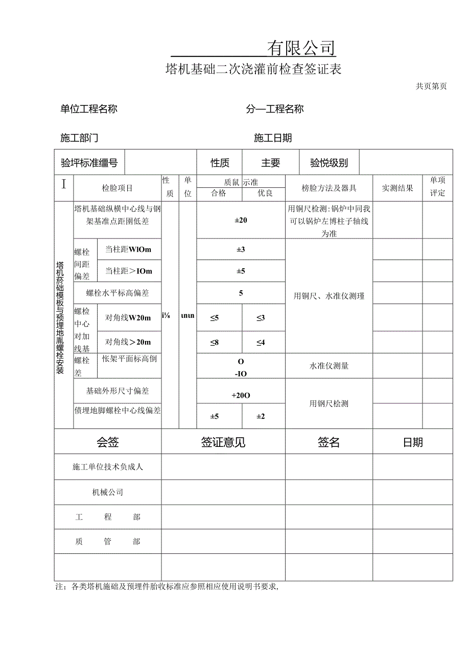 塔机基础竣工验收检查签证表、塔机基础二次浇灌前检查签证表.docx_第2页