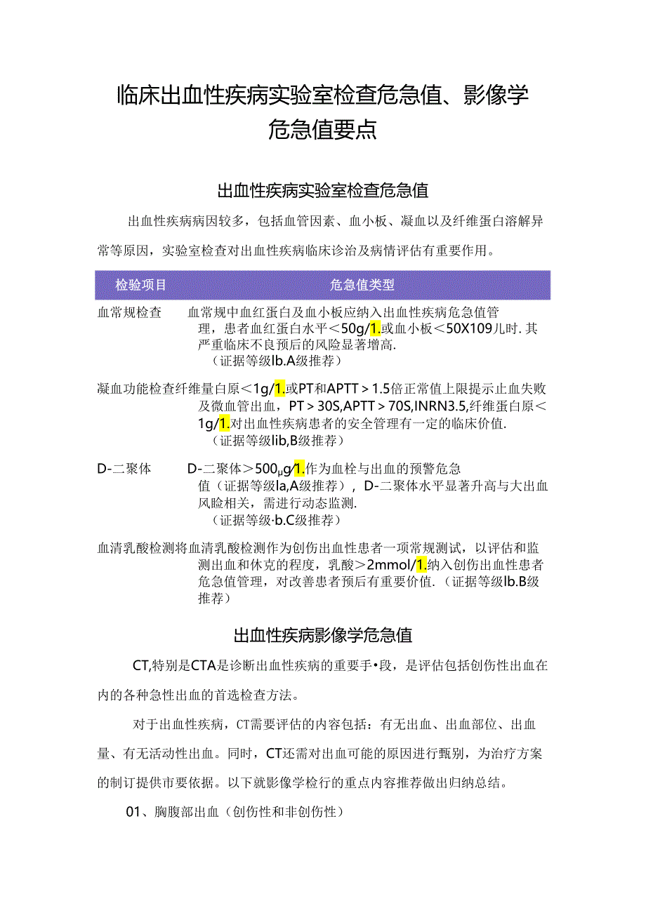 临床出血性疾病实验室检查危急值、影像学危急值要点.docx_第1页