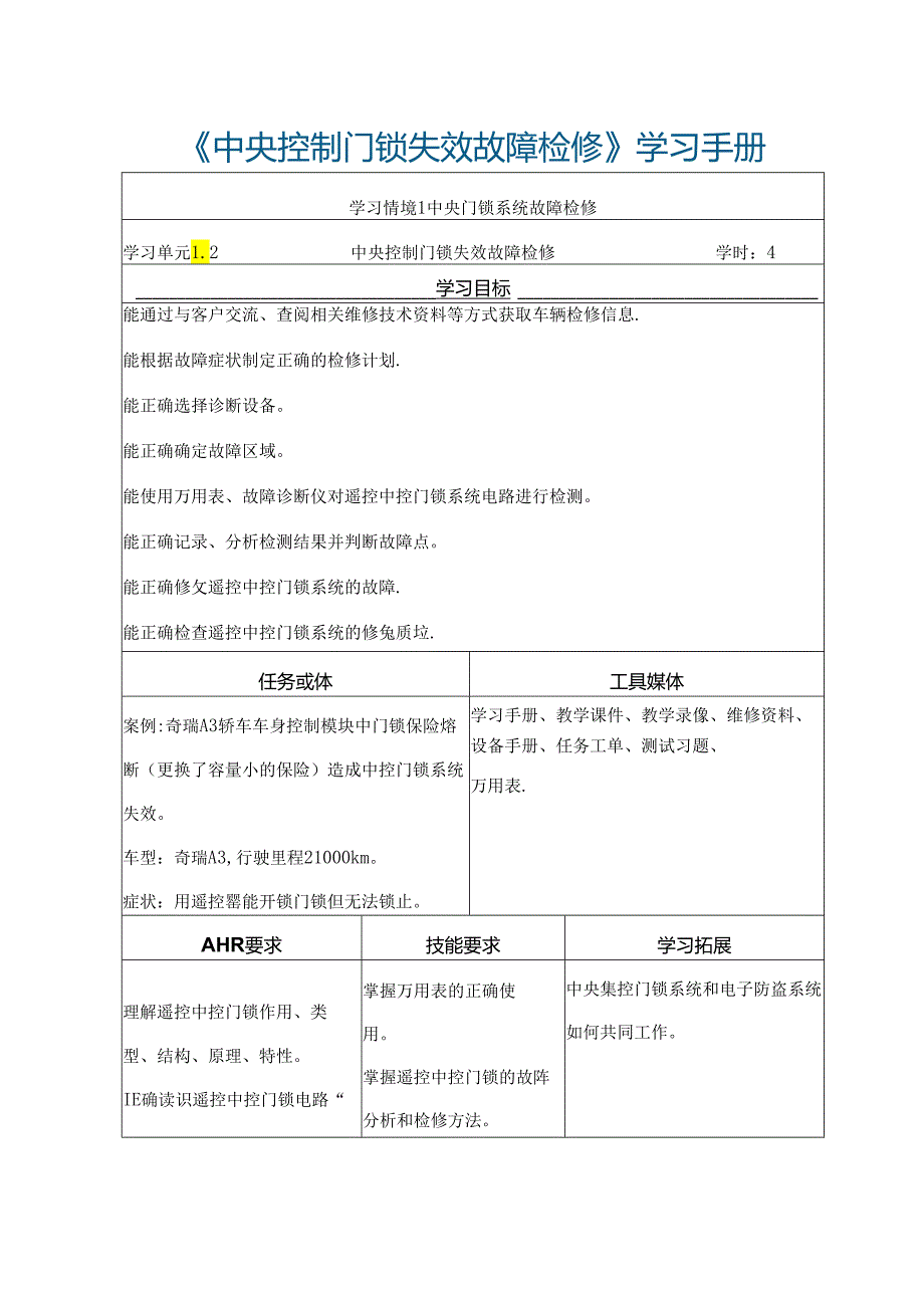 汽车车身控制系统故障诊断与修理 学习手册中央控制门锁失效故障检修1.2.docx_第1页