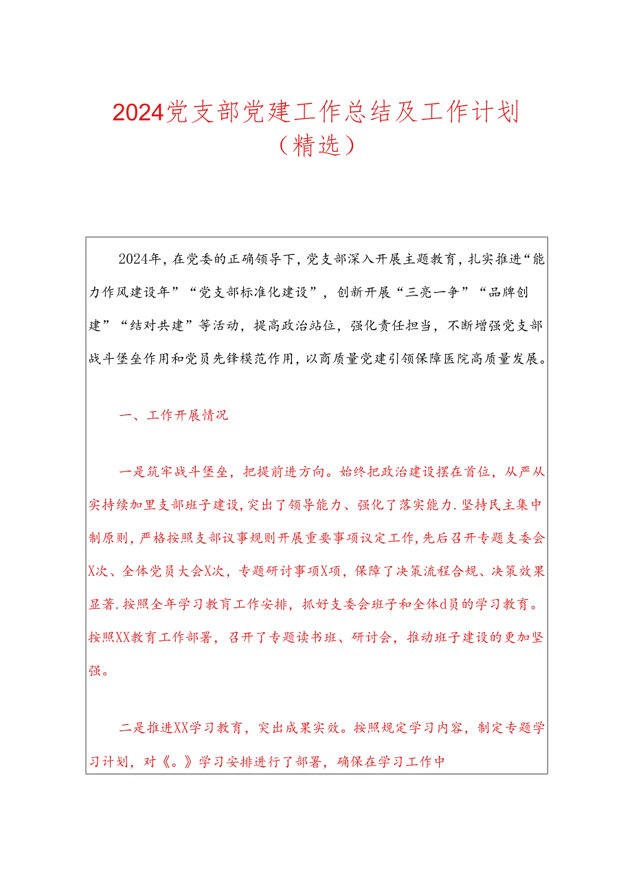 2024党支部党建工作总结及工作计划.docx_第1页