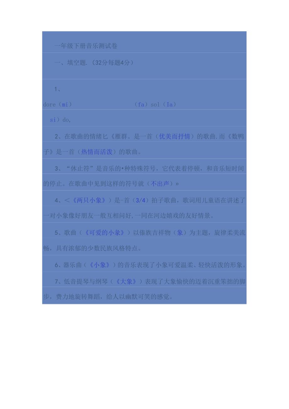 一年级下册音乐测试卷.docx_第1页