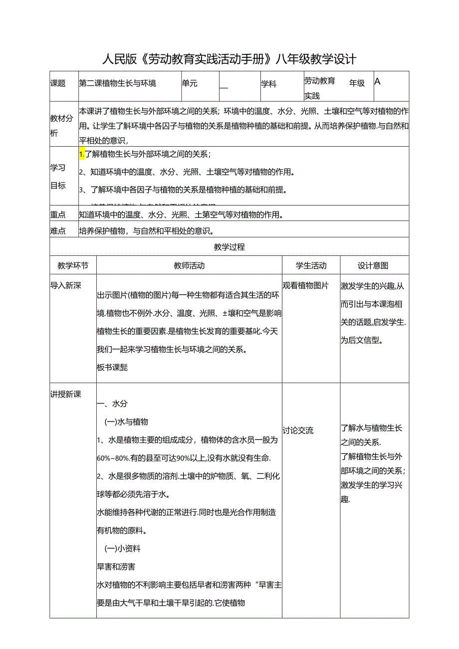 人民版综合实践活动劳动与技术八上 1.2《植物生长与环境》教案.docx_第1页