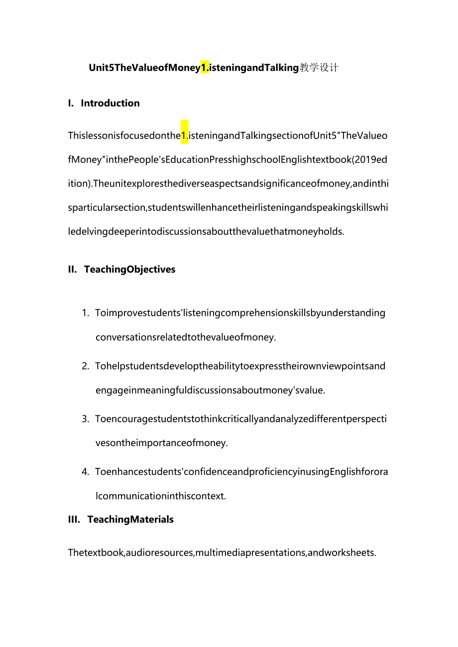 人教版（2019）必修 第三册Unit 5 The Value of Money Listening and Talking 教学设计.docx_第1页