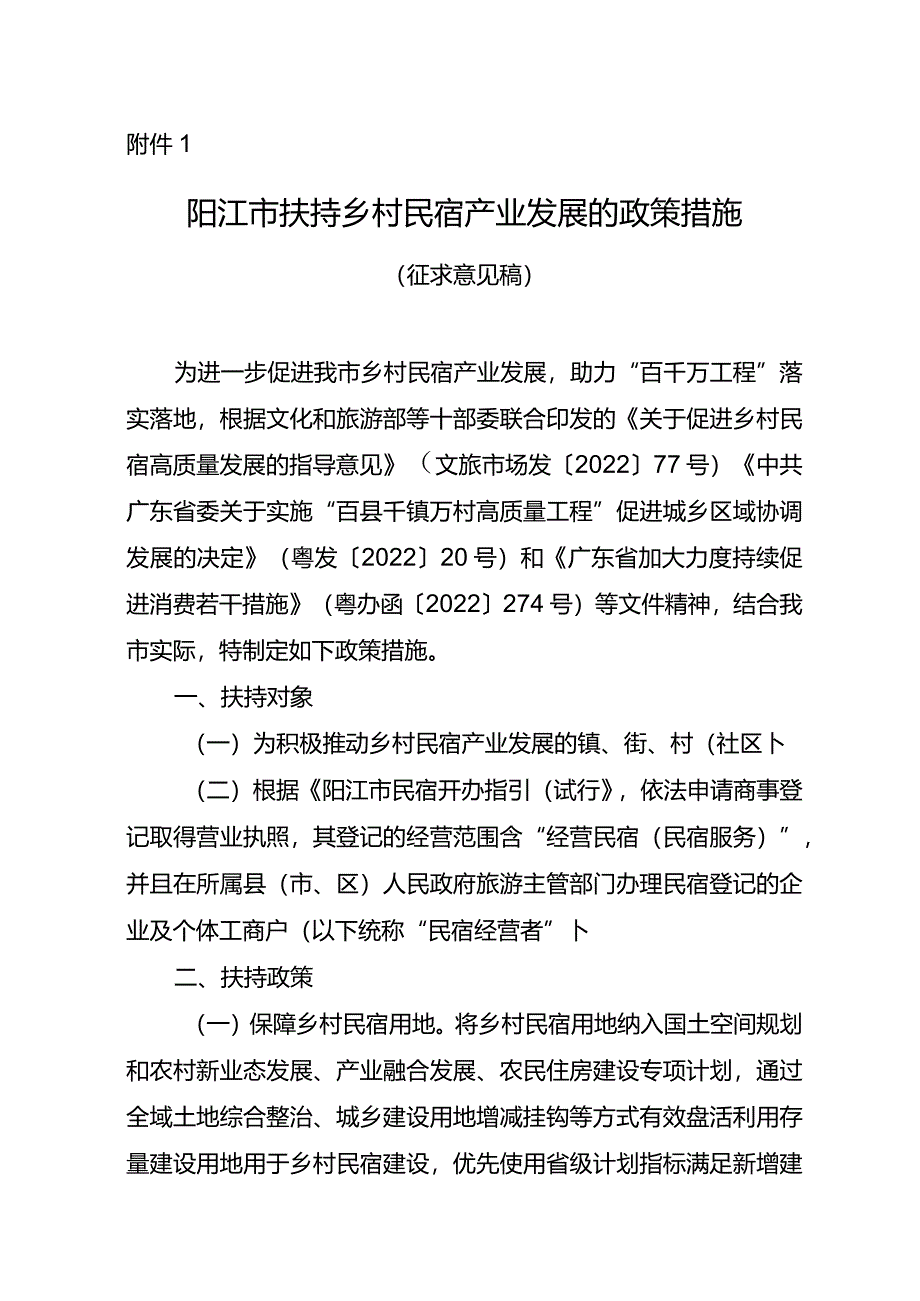 阳江市扶持乡村民宿产业发展的政策措施（征求意见稿）.docx_第1页