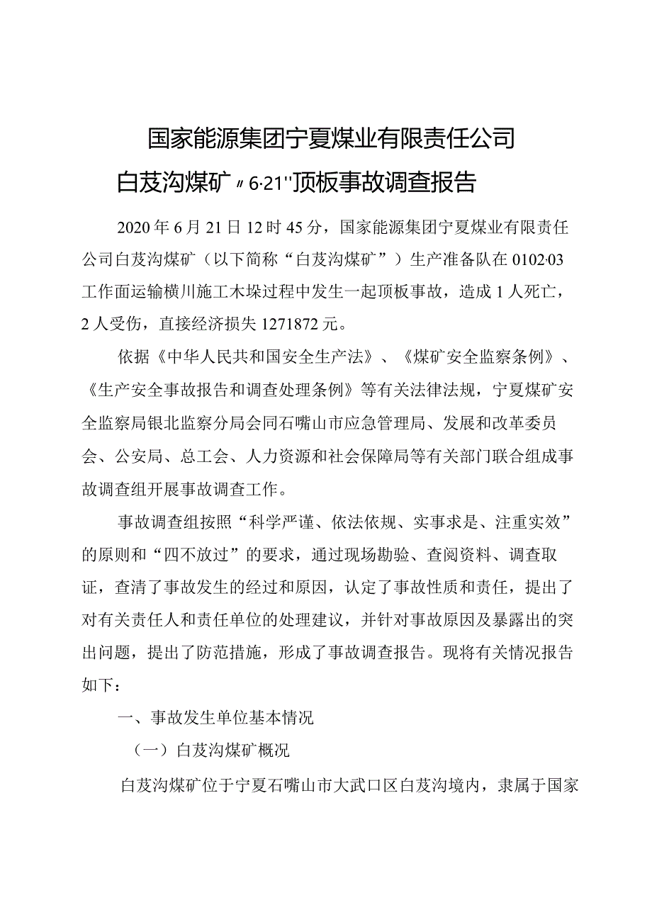 国家能源集团宁夏煤业有限责任公司白芨沟煤矿“6·21”顶板事故调查报告.docx_第1页