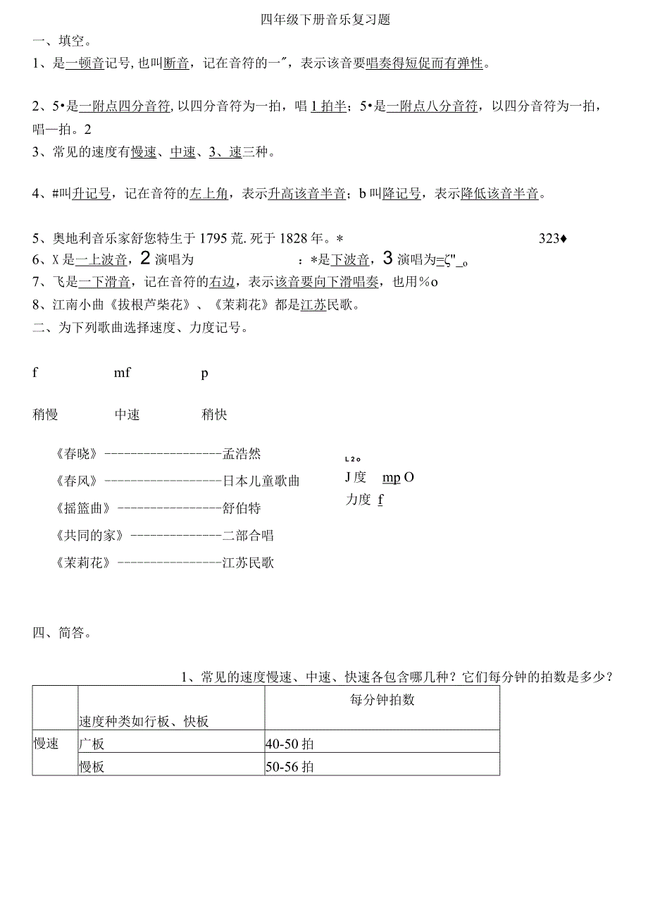 最新湘教版考试题四年级下册音乐复习题(答案).docx_第1页