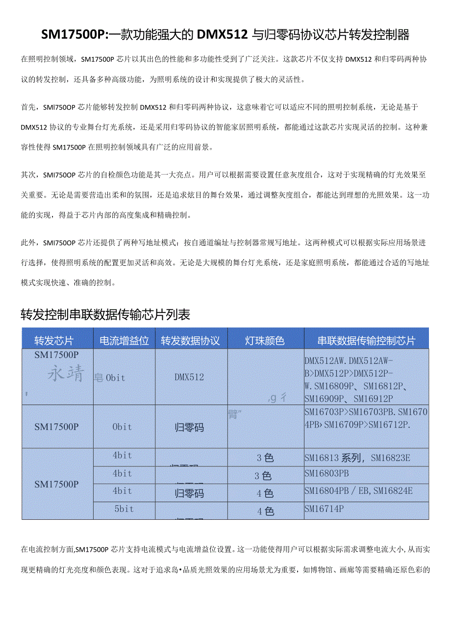 SM17500P：一款功能强大的DMX512与归零码协议芯片转发控制器.docx_第1页