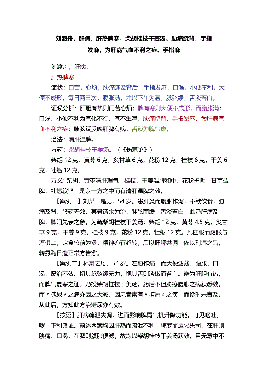 刘渡舟肝病肝热脾寒柴胡桂枝干姜汤胁痛绕背手指发麻为肝病气血不利之症手指麻.docx_第1页