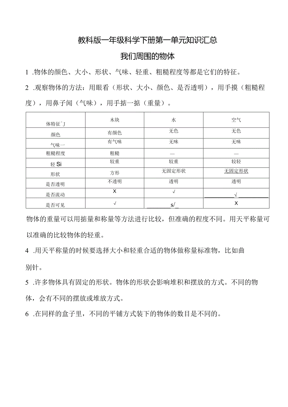 教科版一年级科学下册第一单元知识汇总.docx_第1页