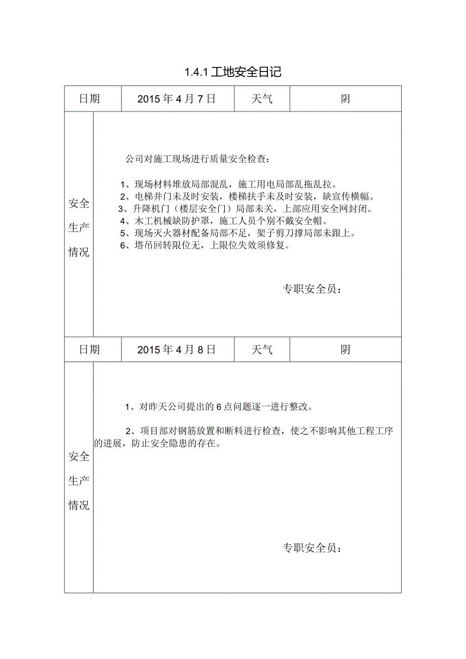 [施工资料]工地安全日记(16).docx_第1页