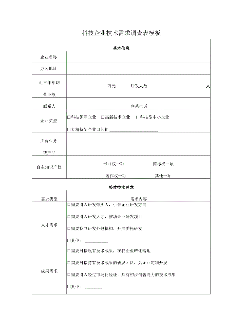 科技企业技术需求调查表模板.docx_第1页