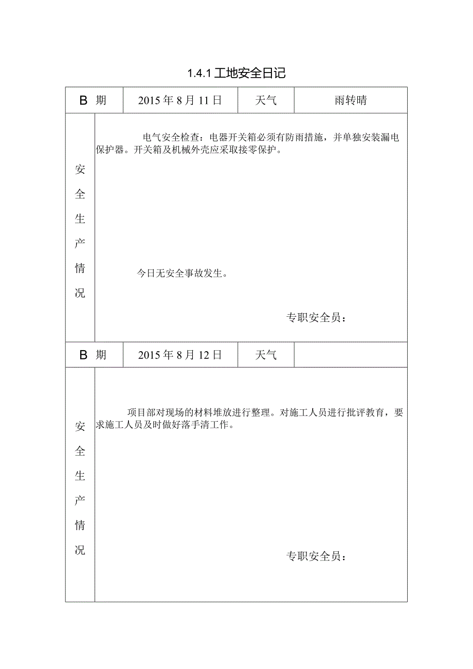 [施工资料]工地安全日记(7).docx_第1页