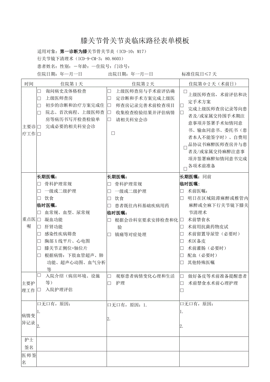 膝关节骨关节炎临床路径表单模板.docx_第1页