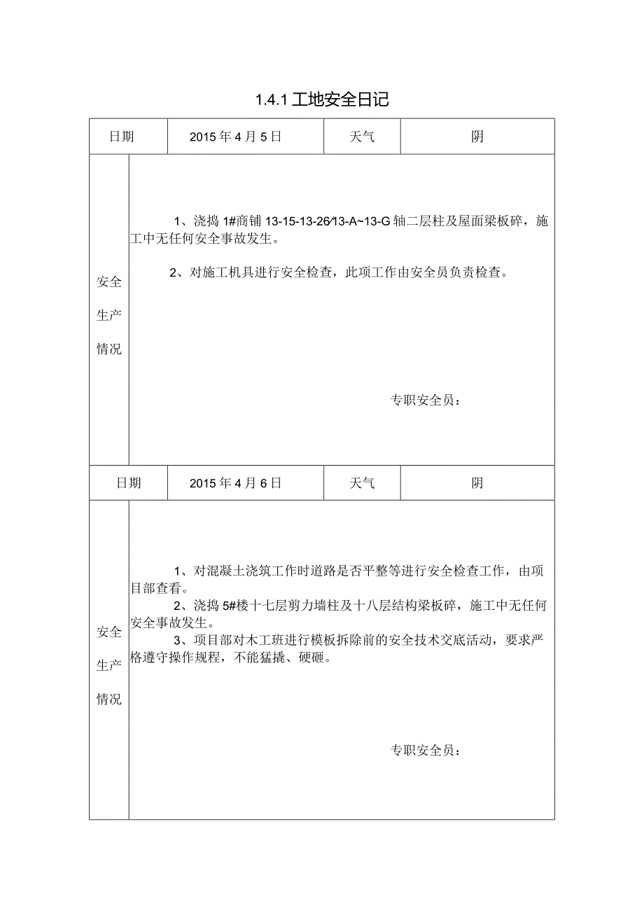 [施工资料]工地安全日记(15).docx_第1页