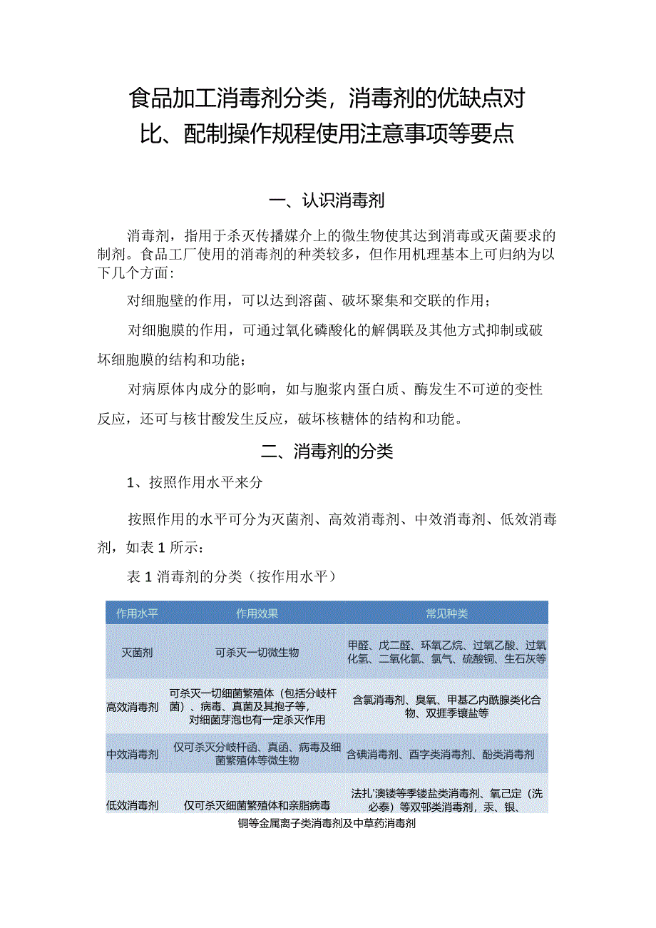 食品加工消毒剂分类消毒剂的优缺点对比、配制操作规程使用注意事项等要点.docx_第1页