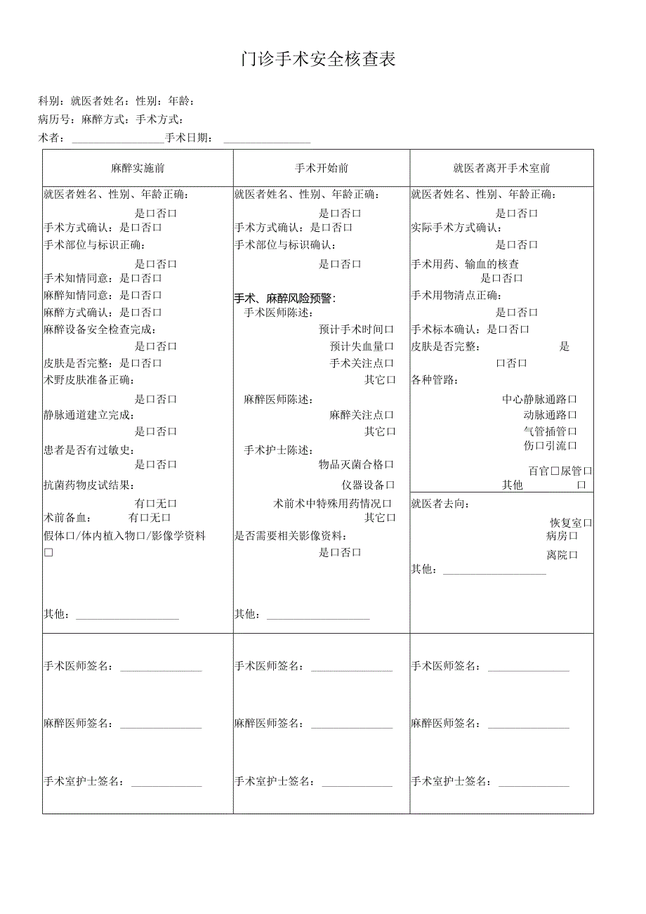 民营医疗美容机构门诊手术安全核查表.docx_第1页