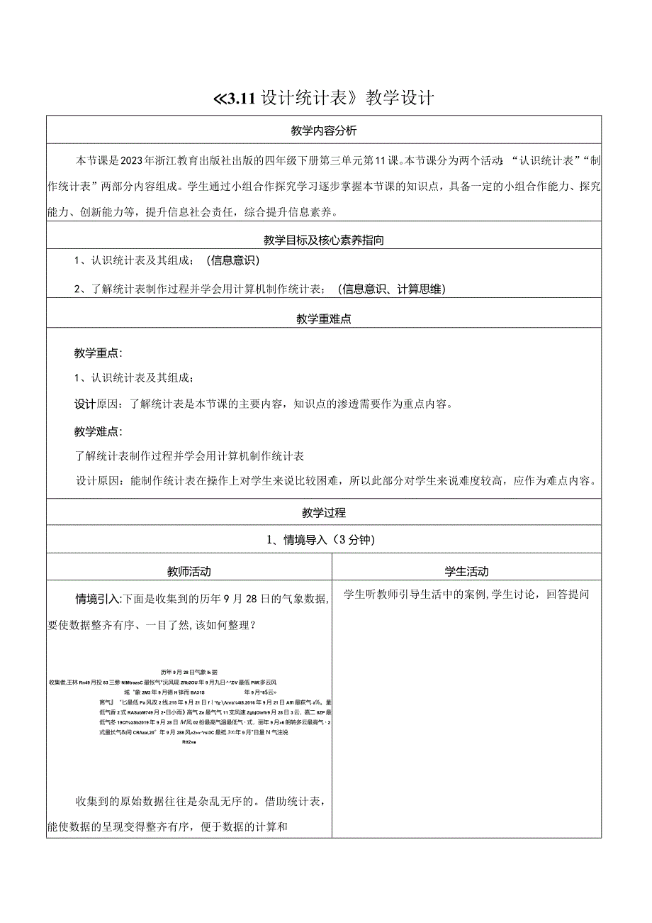 第11课设计统计表教学设计浙教版信息科技四年级下册.docx_第1页