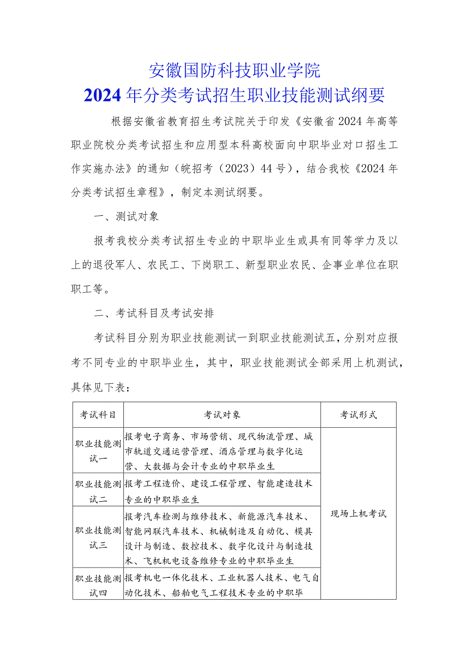 安徽国防科技职业学院2024年分类考试招生职业技能测试纲要.docx_第1页