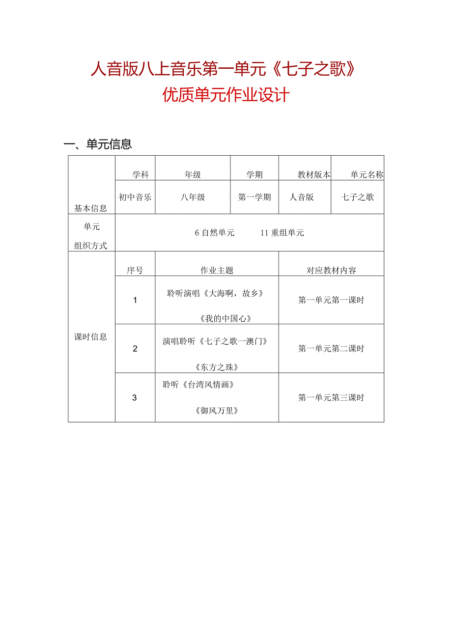 人音版八上音乐第一单元《七子之歌》优质单元作业设计(优质案例15页).docx_第1页