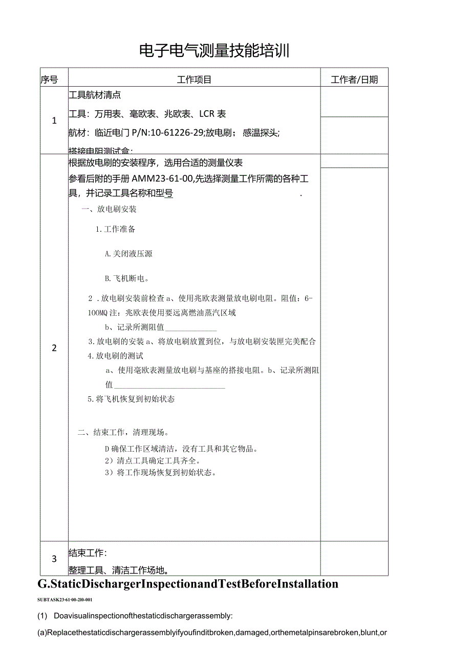 航空公司培训资料：放电刷的安装测试工卡.docx_第1页