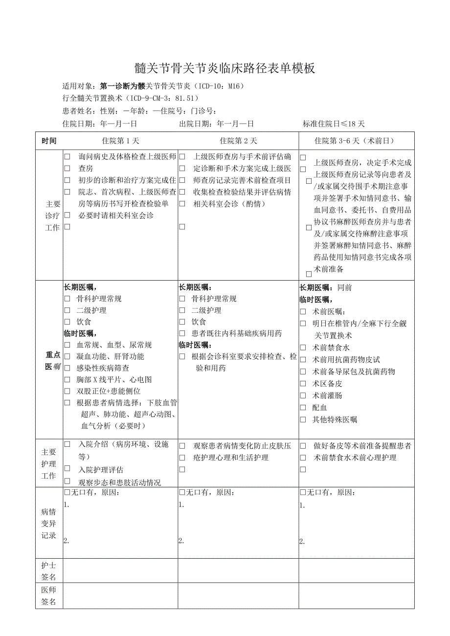 髋关节骨关节炎临床路径表单模板.docx_第1页