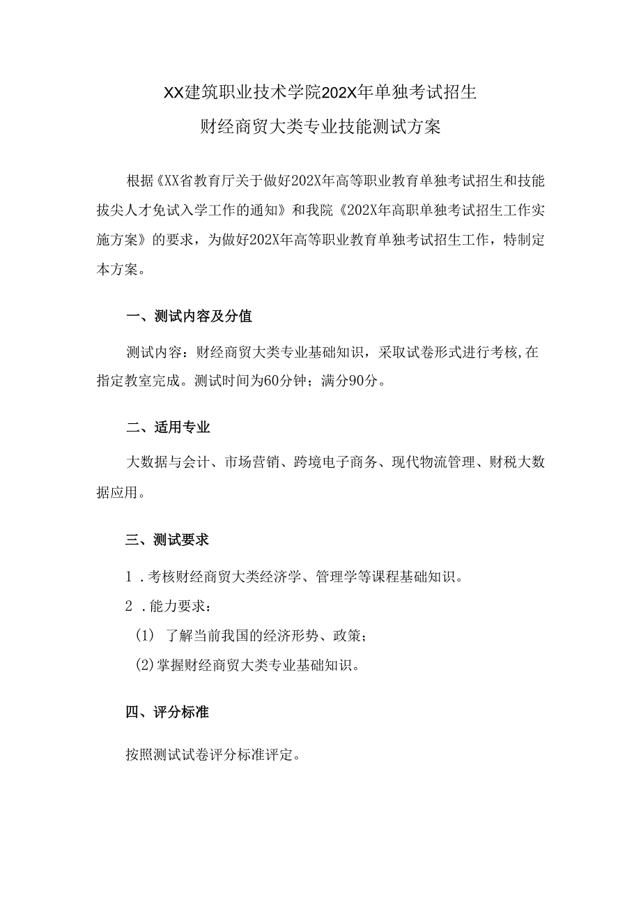 XX建筑职业技术学院202X年单独考试招生财经商贸大类专业技能测试方案（2024年）.docx_第1页