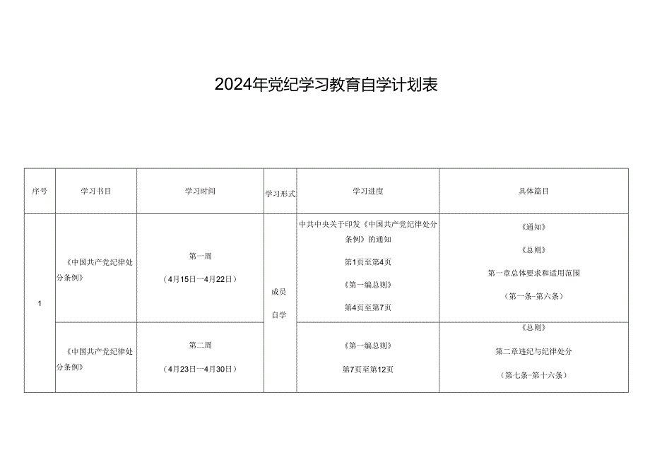 （3篇）2024年党纪学习教育自学计划表.docx_第1页