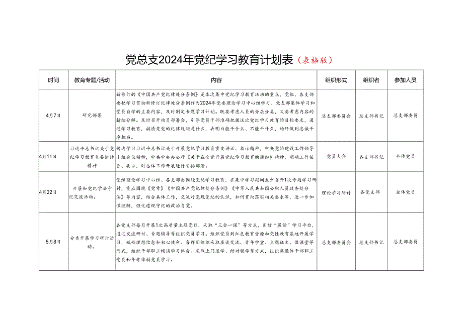 2024年党总支党支部党员干部个人党纪学习教育学习计划表3份（表格版）.docx_第2页