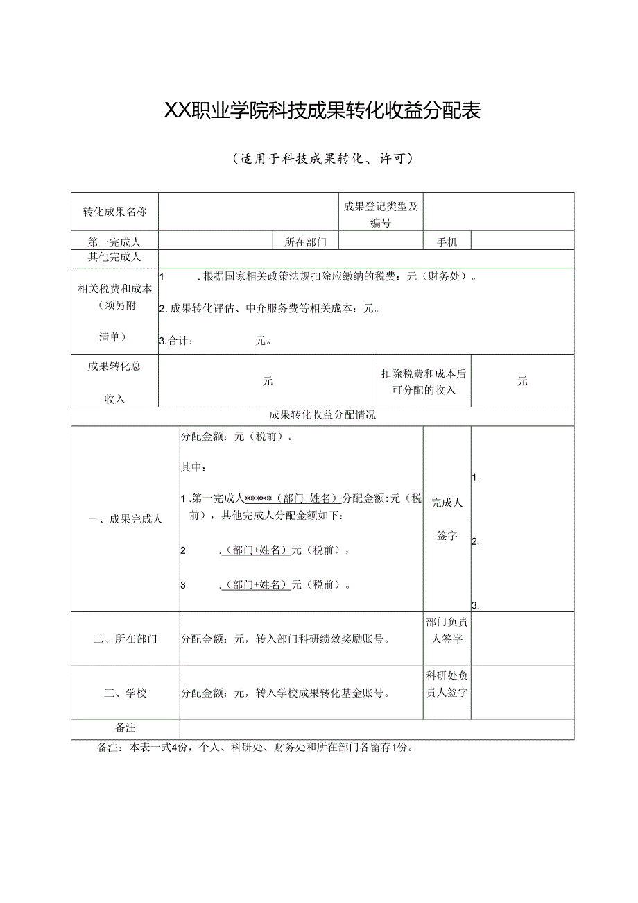 XX职业学院科技成果转化收益分配表（适用于科技成果转化、许可）（2024年）.docx_第1页