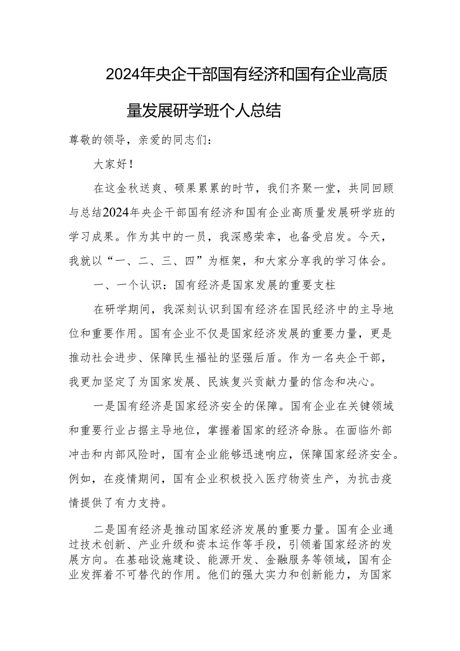 2024年央企干部国有经济和国有企业高质量发展研学班个人总结.docx_第1页