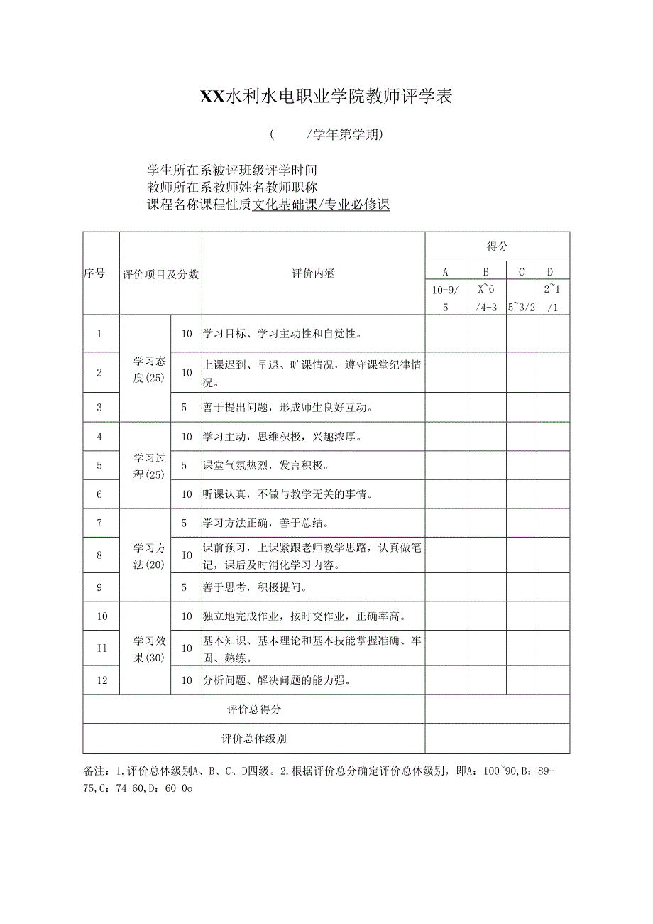 XX水利水电职业学院教师评学表（2024年）.docx_第1页