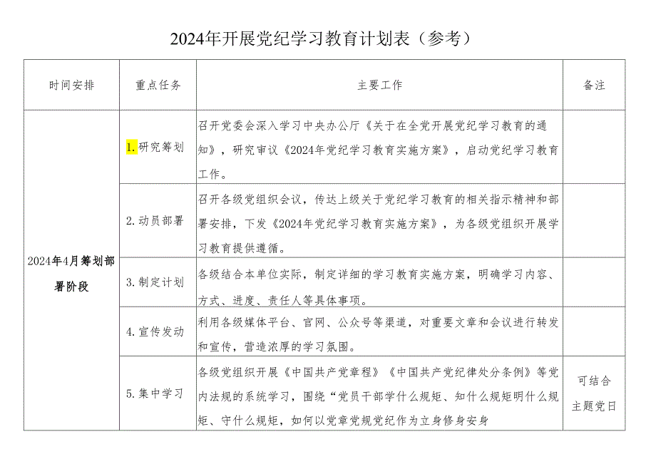 2024年开展党纪学习教育计划表（参考）.docx_第1页