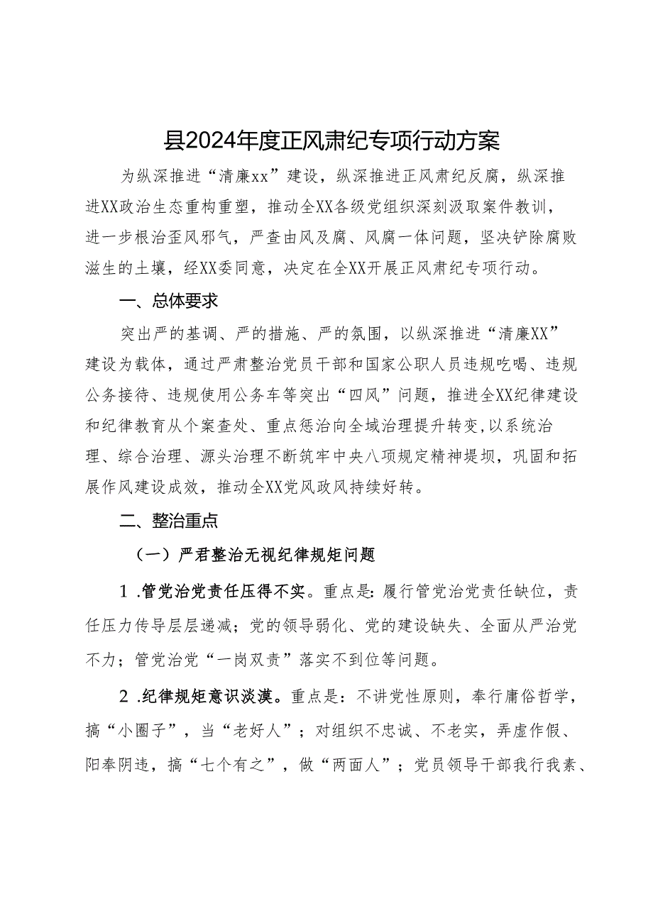 县2024年度正风肃纪专项行动方案.docx_第1页