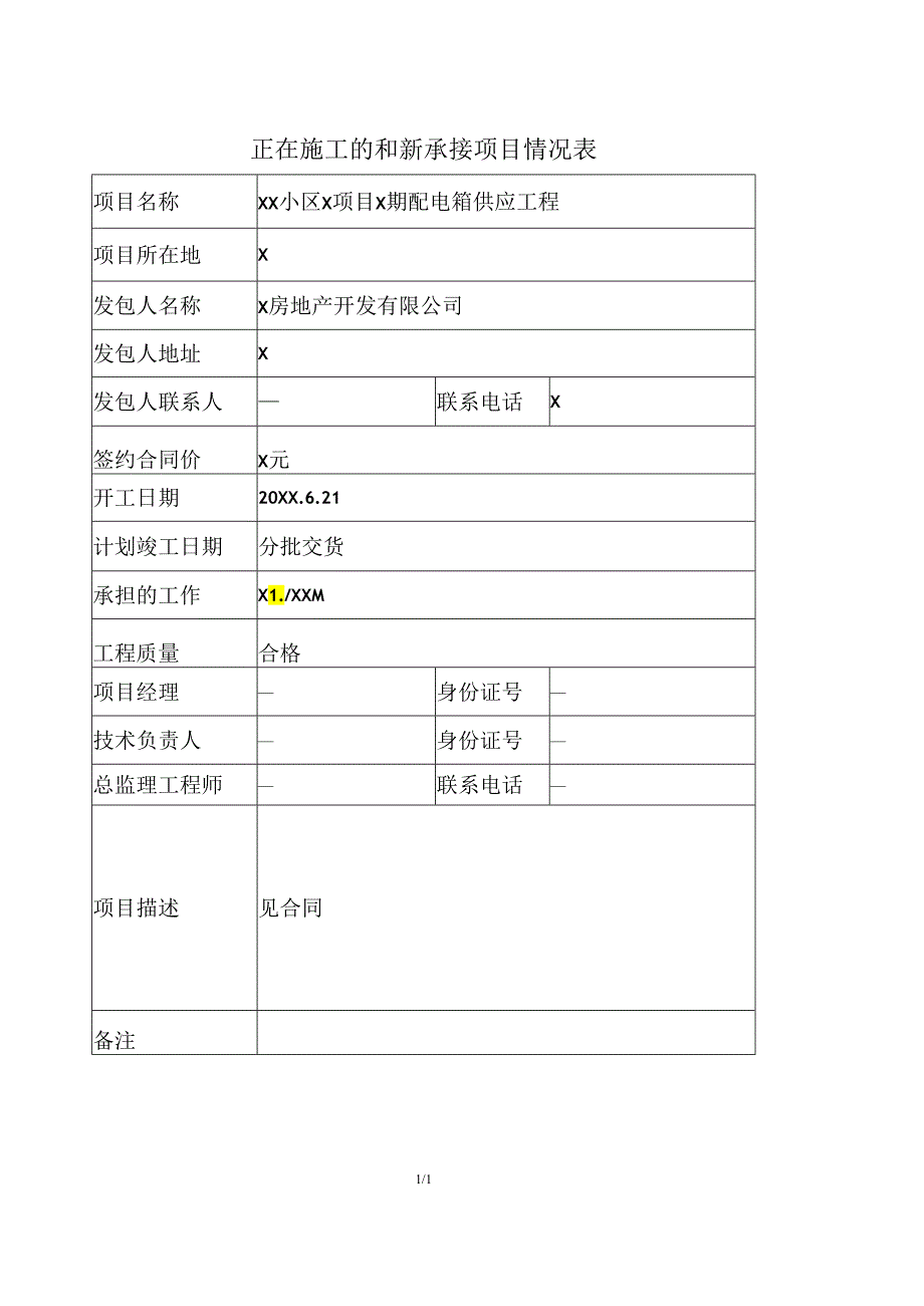 正在施工的和新承接项目情况表（2024年XX电力设备有限公司）.docx_第1页