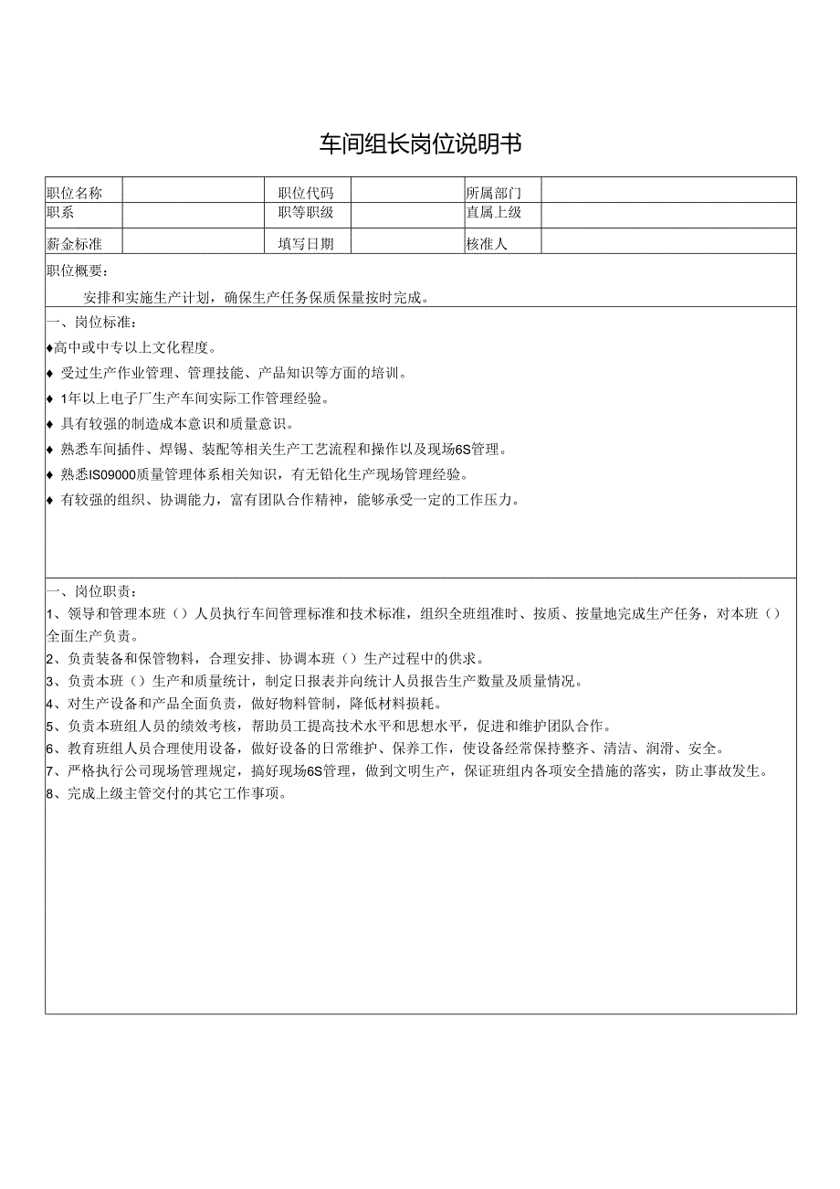 车间组长岗位说明书.docx_第1页