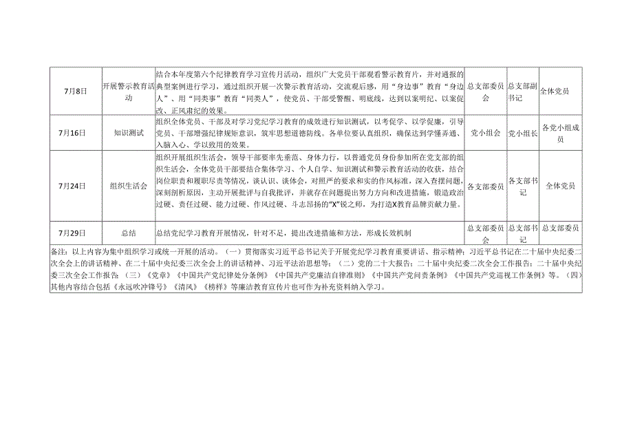 党纪学习教育学习计划安排表格(五篇合集）.docx_第3页