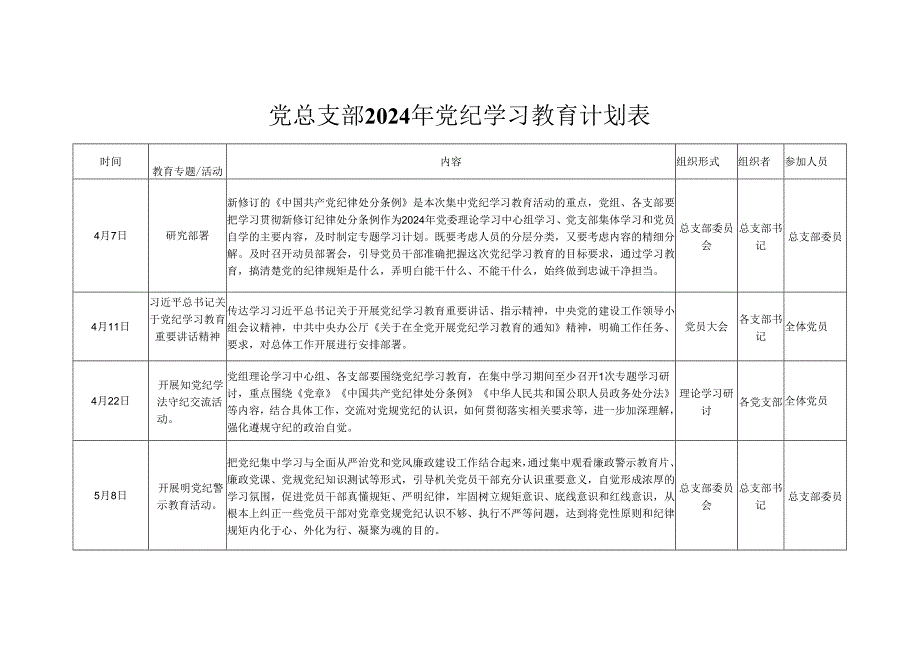 2024年党纪学习教育个人学习计划安排表格.docx_第1页