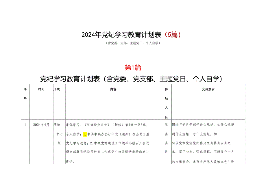 党支部2024年党纪学习教育学习计划安排表（4月-7月）.docx_第1页