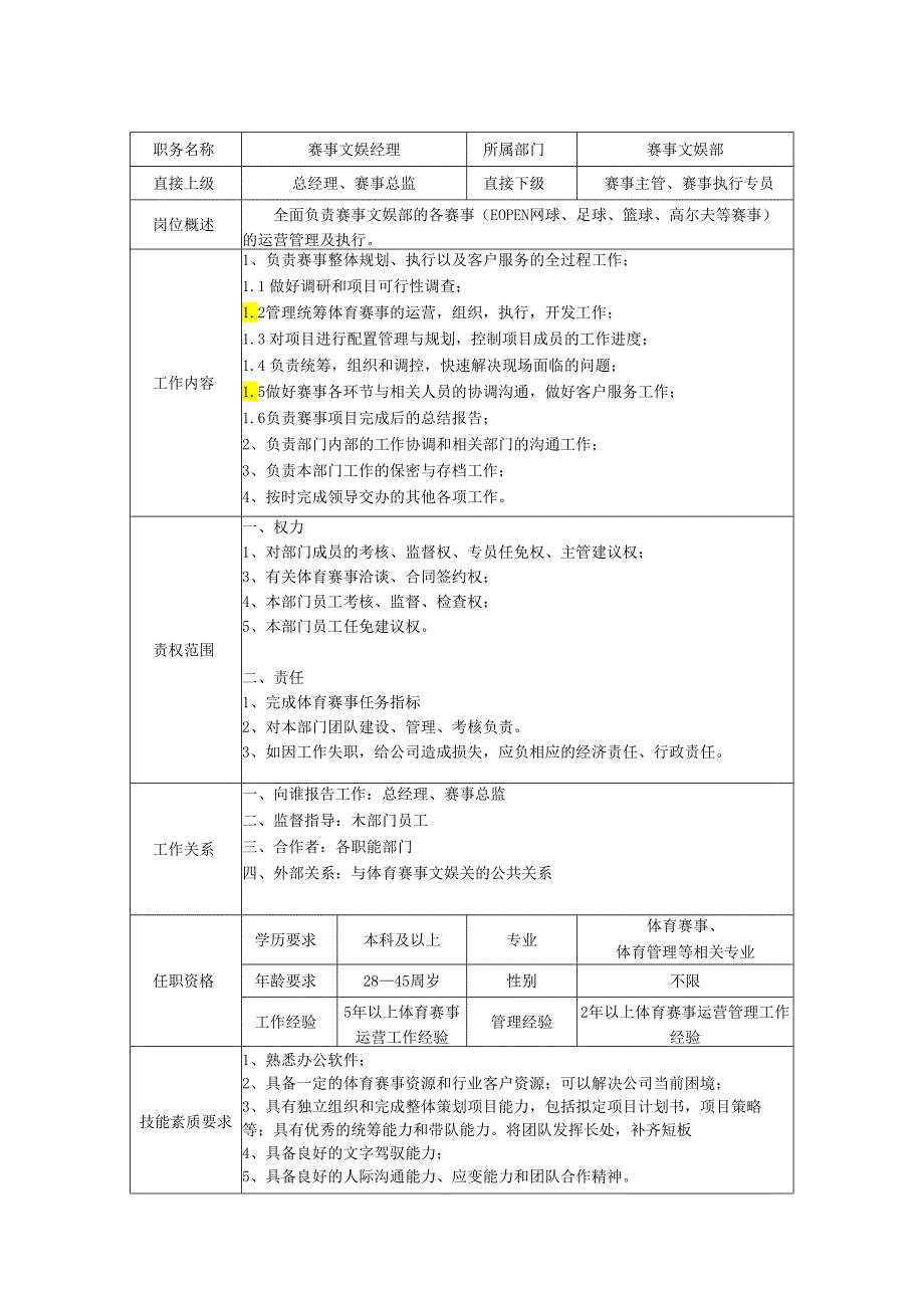 赛事文娱经理-岗位职责说明书.docx_第1页