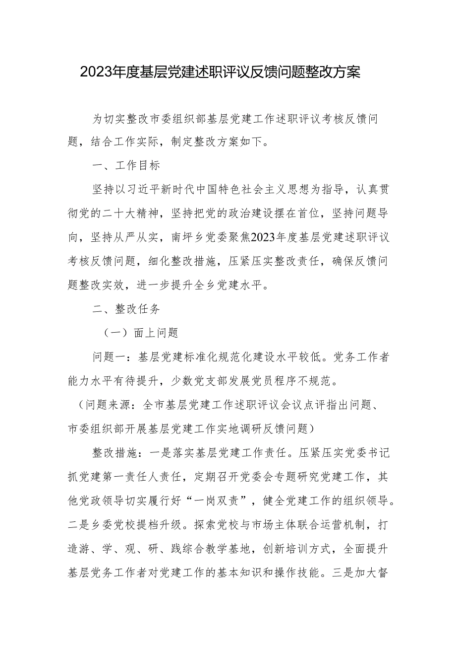 2023年度基层党建述职 评议反馈问题整改方案.docx_第1页