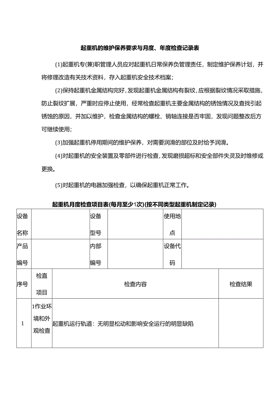 起重机的维护保养要求与月度、年度检查记录表.docx_第1页