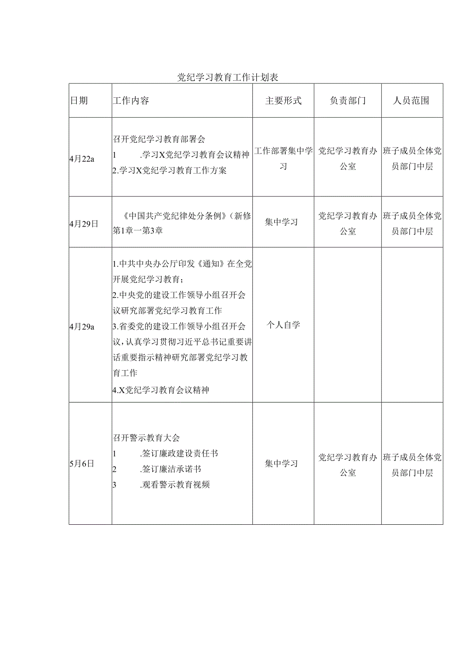 党支部党纪学习教育工作计划安排表日历表表格.docx_第1页